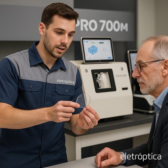 Especialista Eletroptica demonstrando equipamento óptico ao cliente